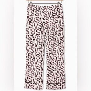 Victoria’s Secret Satin Pajama Pants Leopard Logo Print White Pink Large L Silky